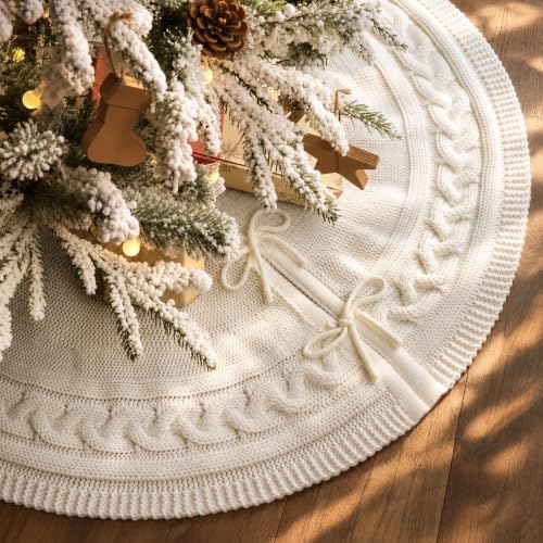 MelonBoat 36 Inch Knitted Christmas Tree Skirt - Cozy Neutral Holiday Decor