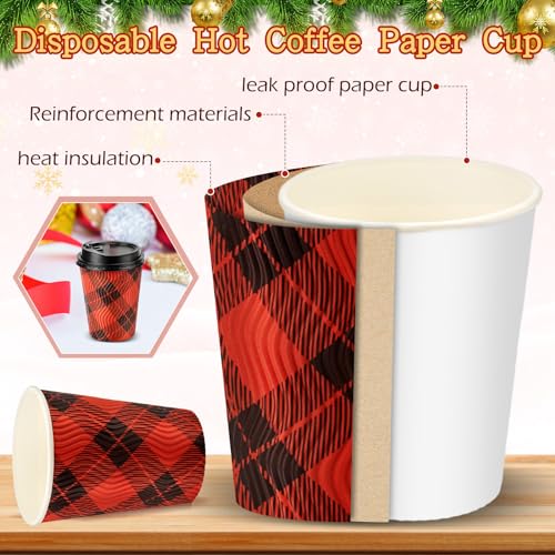Maxcheck 100 Pack Christmas Cups with Lids 12 oz Red Black Buffalo Plaid Holiday