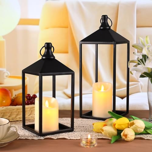 Black Decorative Metal Lanterns Set with Candles - 15" & 11"