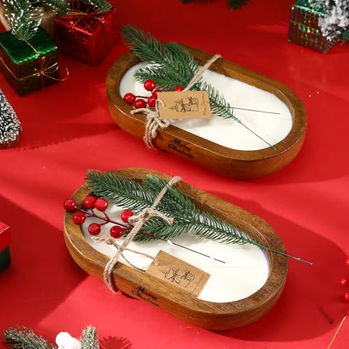MTLEE 2 Pack Dough Bowl Candle Christmas Wood Candle, 9.4 x 5.7 1.8