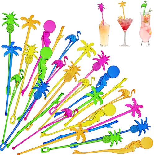 Assorted Tropical Cocktail Swizzle Sticks Set - Flamingo, Pineapple, Palm Tree, Mermaid, Bamboo - Reusable Party Decor