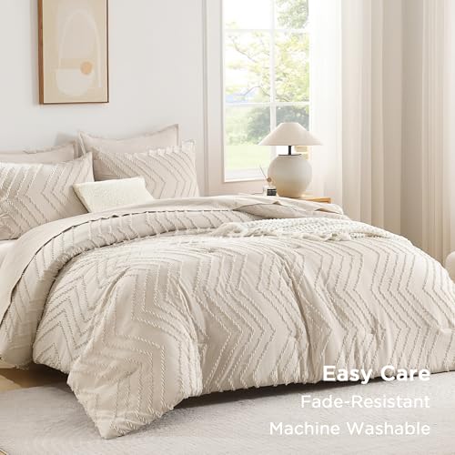 Beige Queen Comforter Set - 3 Piece Soft Boho Tufted Chevron Bedding