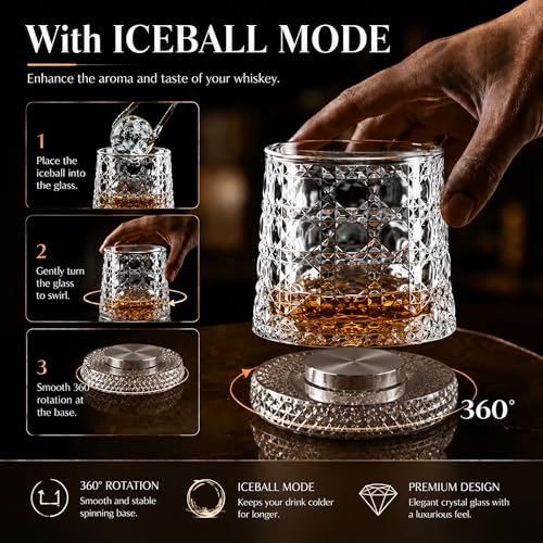 LGSZSFH 10oz 360° Spinning Whiskey Glass with Ice Mold - Grid Edition