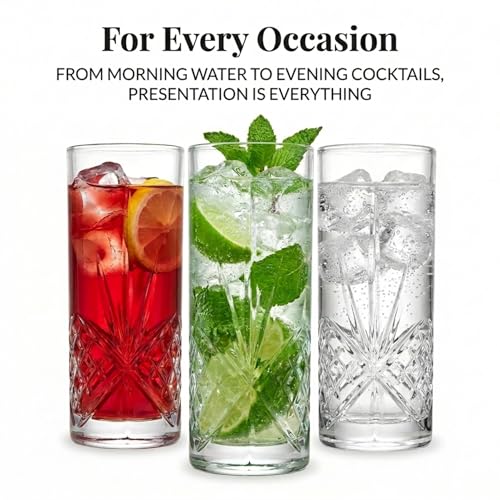 Godinger Dublin Crystal Tall Highball Drinking Glasses Set of 4 - All Purpose Beverage Glassware