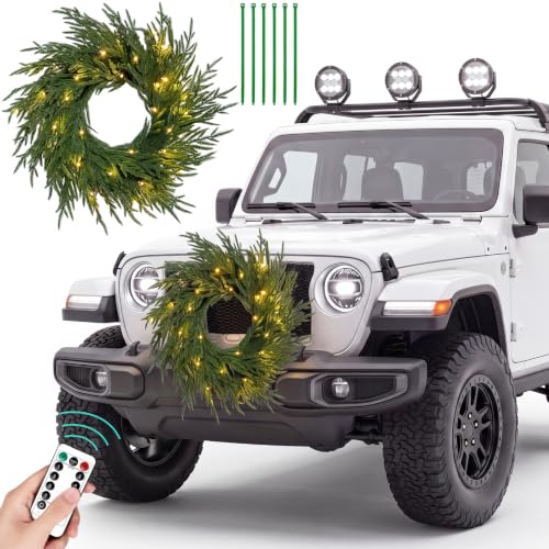 CraftyDream Norfolk Pine 13-Inch Christmas Car Wreath with Lights - Holiday Vehicle Decor