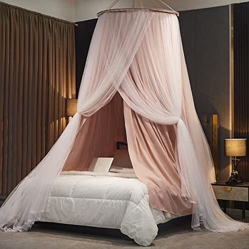 Princess Bed Canopy with Lace - Double Layer Round Dome Mosquito Net (Pink)