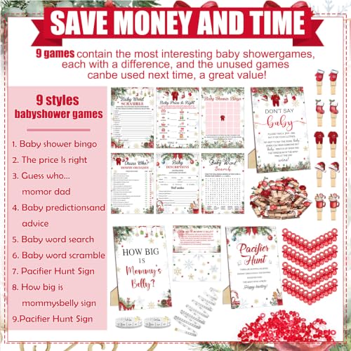 Red Christmas Santa Baby Shower Games Set 476 pcs Includes 9 Fun Activities