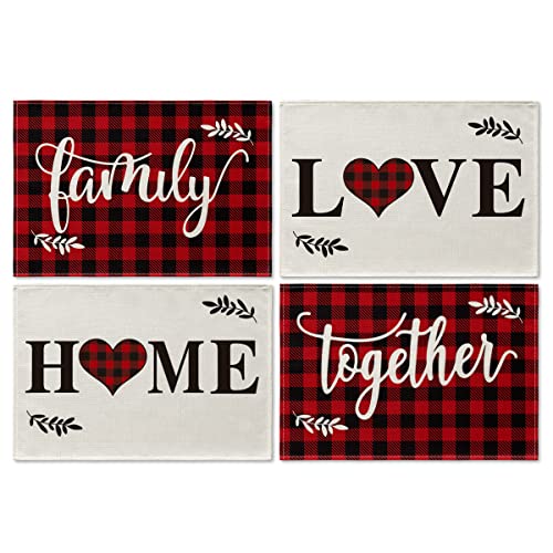 Red Buffalo Plaid Placemats - Set of 4, 12x18 Inch Washable Table Decor, Black/Red Variation