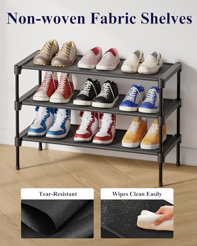 Kitsure 3-Tier Stackable Shoe Rack - 27.5" Wide Black Metal & Fabric Shelf