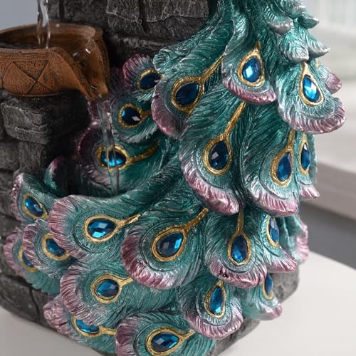 Peacock Tabletop Water Fountain with LED Color Changing Globe 14-inch
