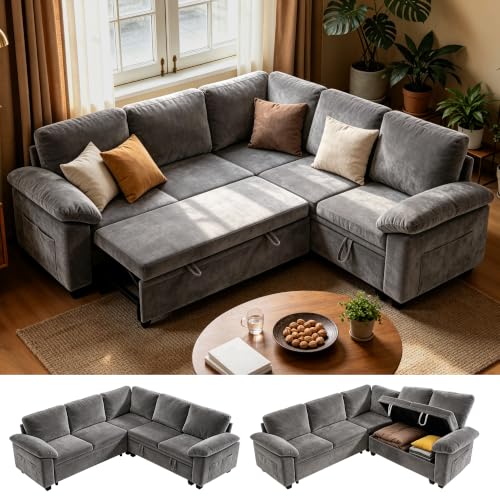 5-Seat Modular Sectional Sleeper Sofa with Pull-Out Bed and Storage, Grey