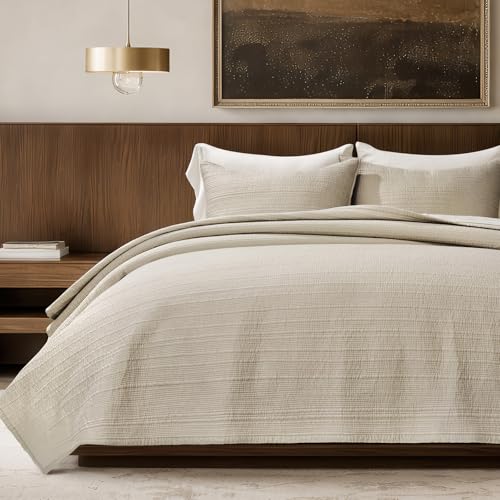 EverGrace 100% Cotton Sateen Channel Quilt Set - Queen 3-Piece, Parchment