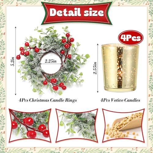 Christmas Candle Ring Wreaths with Votive Candles - Set of 4 Centerpieces