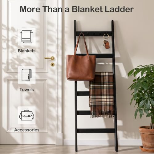 6-Tier Solid Wood Blanket Ladder with Hooks, 5.4ft Farmhouse Quilt Rack