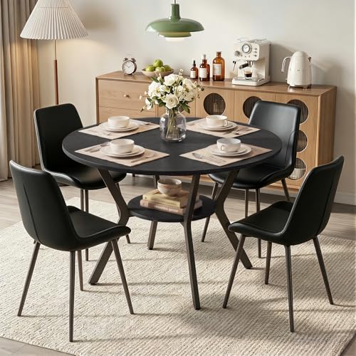 5-Piece Round Dining Table Set for 4 with Storage Shelf and Upholstered Chairs