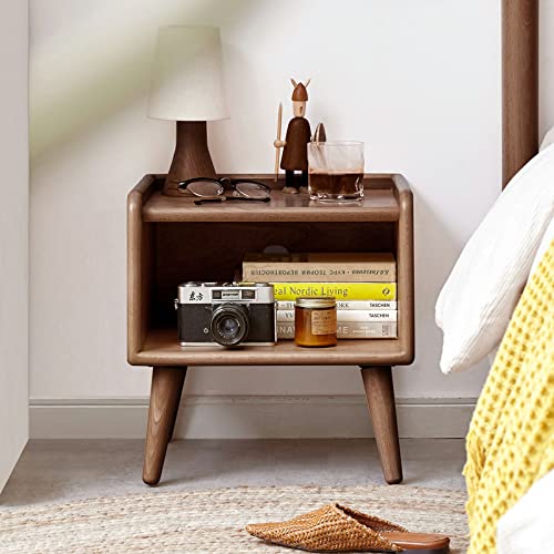 Solid Wood Kids Nightstand with Open Storage Shelf, Modern Bedside Table