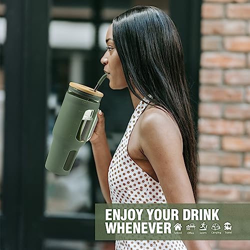 46 oz Glass Tumbler with Handle, Bamboo Lid and Straw for Iced Coffee