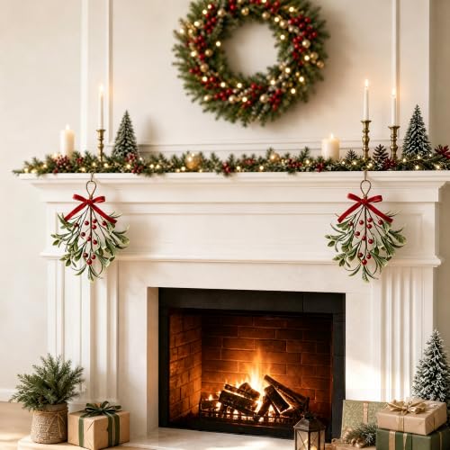 Mistletoe Hanging Decoration with Velvet Bow & Red Berries - 1Pcs, Worthyeah (Classic)