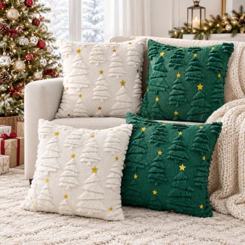 Aryala Deep Green Christmas Pillow Covers 18x18 Set of 2 - Tree & Star Decor