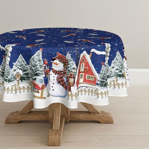 Blue 60 Inch Round Christmas Snowman Tablecloth for Winter Holiday Decor