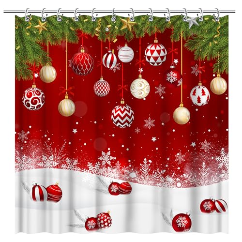 Red Christmas Shower Curtain 72x72 Inches Waterproof Fabric with Hooks
