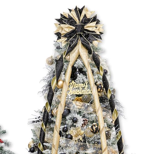 Black & Gold Large Christmas Tree Topper Bow 53x13 Inches - Handmade Holiday Decor