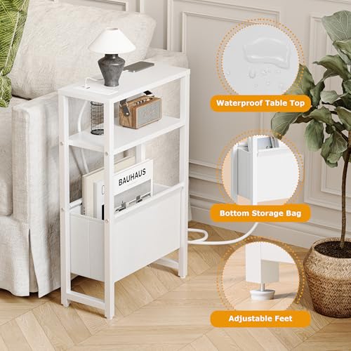 Narrow Side Table with Charging Station & Magazine Rack - 3-Tier Slim End Table