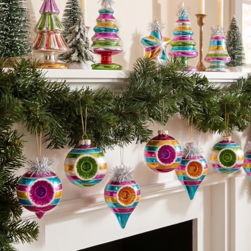 Vintage Glass Christmas Ornaments Set - Reflector Design, 12 Pieces
