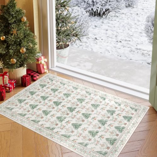 Lahome 2x3 Christmas Entryway Rug Beige Washable Non-Slip Holiday Decor