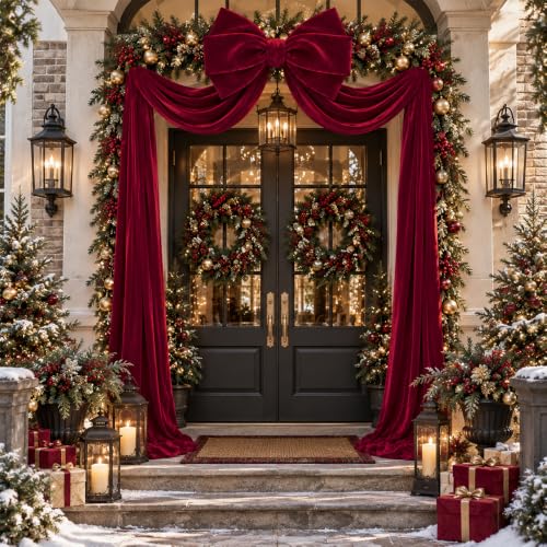 DULEFUN 28x79 in Burgundy Velvet Christmas Tree Topper Bow - 79in Burgundy-1