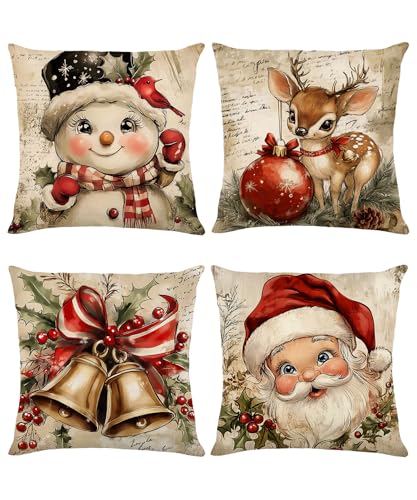 Vintage Snowman Christmas Pillow Covers Set of 4 18x18 Inches