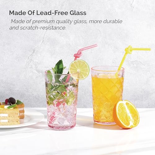Pink Vintage Cross Hatch Highball Glass Set of 4, 15.5oz Drinking Water & Cocktail Glasses