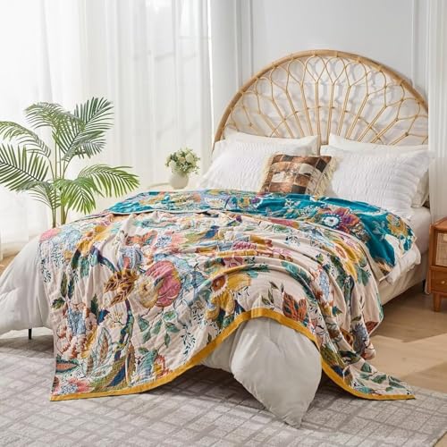 Boho Cotton Muslin Throw Blanket, Reversible Woven Farmhouse Bedspread 50x60