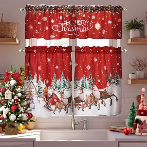 WeFrea Red Christmas 3-Piece Kitchen Curtain Set 27.5"W x 36"L Snowflake Trees Valance 54"W x 18"