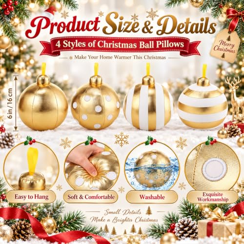 Beeveer 4 Pcs Gold Christmas Ball Ornament Pillows – 6" Set (Gold)