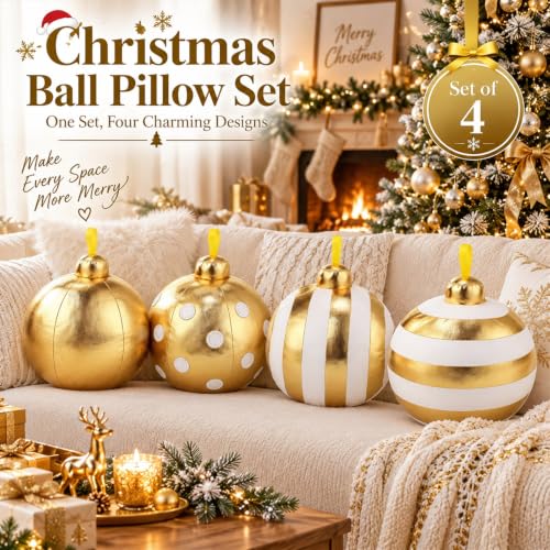 Beeveer 4 Pcs Gold Christmas Ball Ornament Pillows – 6" Set (Gold)