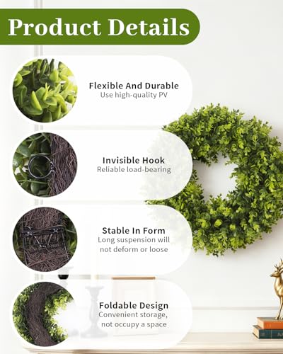 24-Inch Artificial Boxwood Wreath for Front Door - UV-Resistant Greenery
