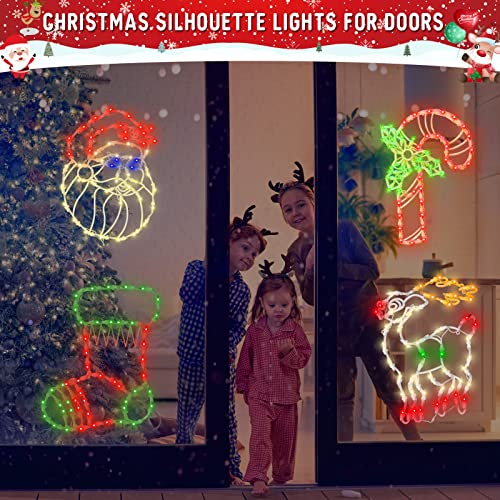 Yioneshop Style2 4-Pack 16-Inch Christmas Window Silhouette LED Lights with Candy Cane Santa Reindeer & Stocking, Indoor Holiday Decor