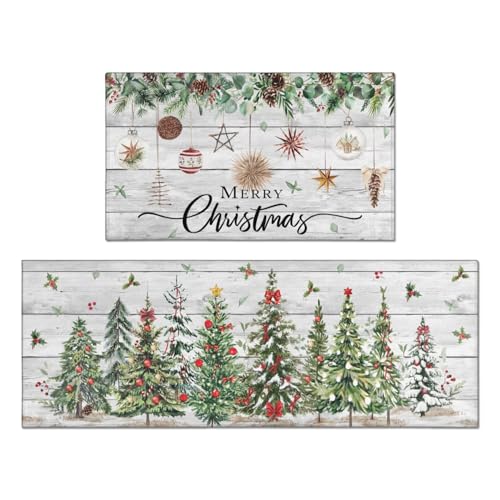 Twyt Decor Christmas Tree Holly Kitchen Rugs Set of 2 - 17x47 & 17x30 Non-Slip, Wood Grain Winter Decor (Variation: Christmas Tree)