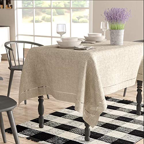 Fennco Styles Handmade Hemstitch Design Natural Tablecloth. One Piece (80" Square)