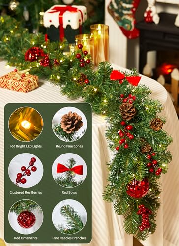 Brightown Ornaments Christmas Garland with Lights, 9Ft Prelit Holiday Decor