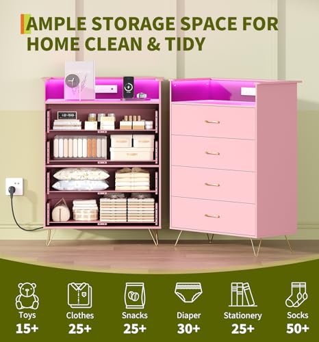 4-Drawer Modern Dresser with RGB LED Lights and Integrated Charging Station