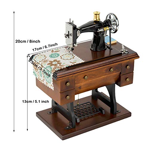 Vintage Sewing Machine Music Box, Wooden Wind-Up Mechanical Musical Gift