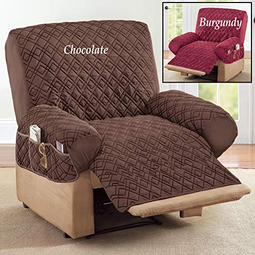 Diamond Quilted Recliner Cover with Storage Pockets - Chocolate