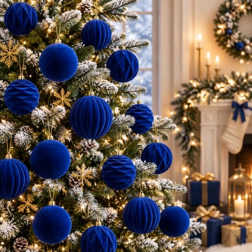 Liliful 12 Pcs Velvet Christmas Ball Ornaments, 4 Inch Blue - Shatterproof, Flocked Velvet Texture
