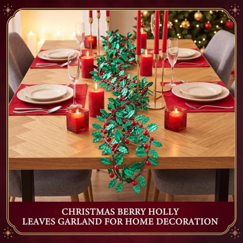2 Pack Christmas Holly Garlands with Red Berries, 33 ft Total