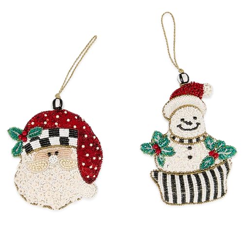 MacKenzie-Childs Beaded Holiday Ornaments Set of 2 Santa & Snowman Christmas Decorations