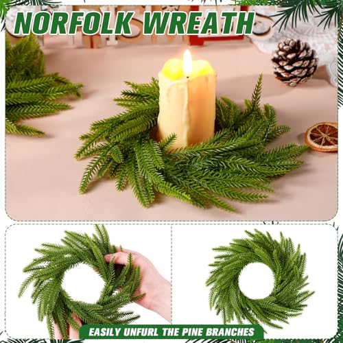 Dingion 12Pcs Norfolk Pine Christmas Candle Ring Wreaths 6in Green