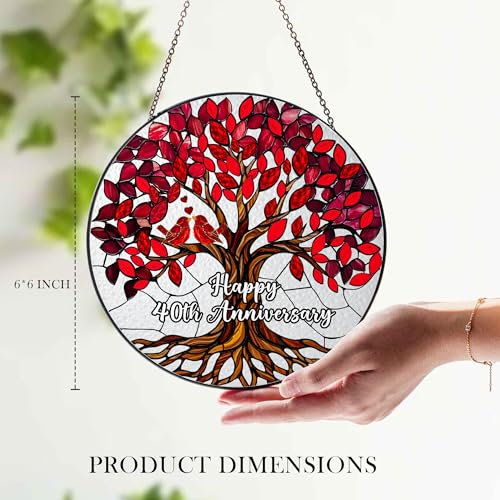 40th Wedding Anniversary Stained Glass Suncatcher - Ruby Tree of Life Gift
