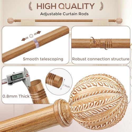 Adjustable Heavy Duty Curtain Rod, 30 to 88 Inch Rustic Wood Grain Finish